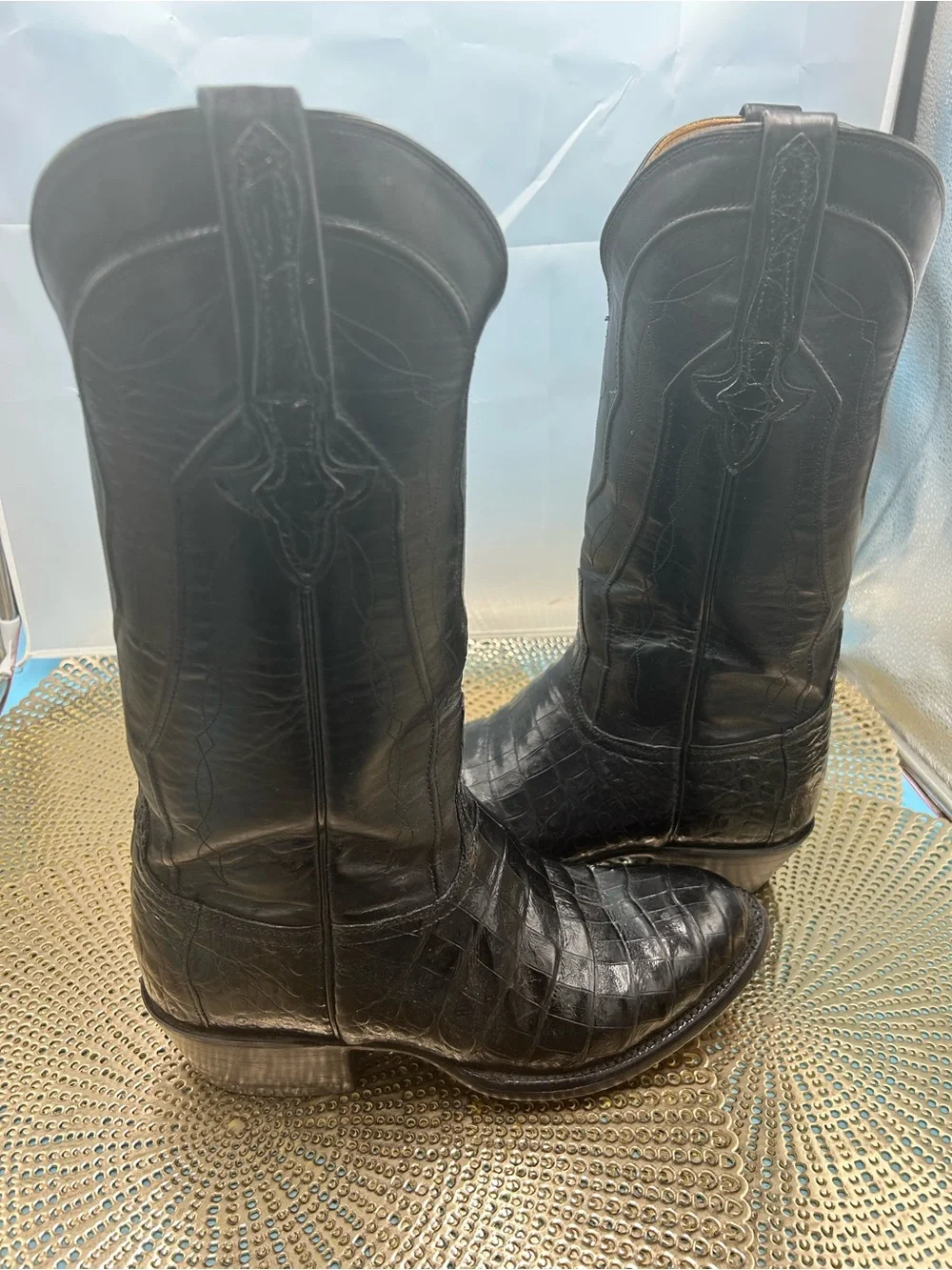 Lucchese Black Crocodile exotic Print men 8 cowboy boots